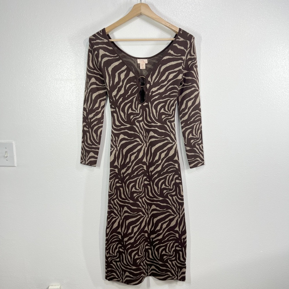 Camila Coelho Zebra Print Bailee Midi Sweater Dress XS Brown Keyhole Bodycon